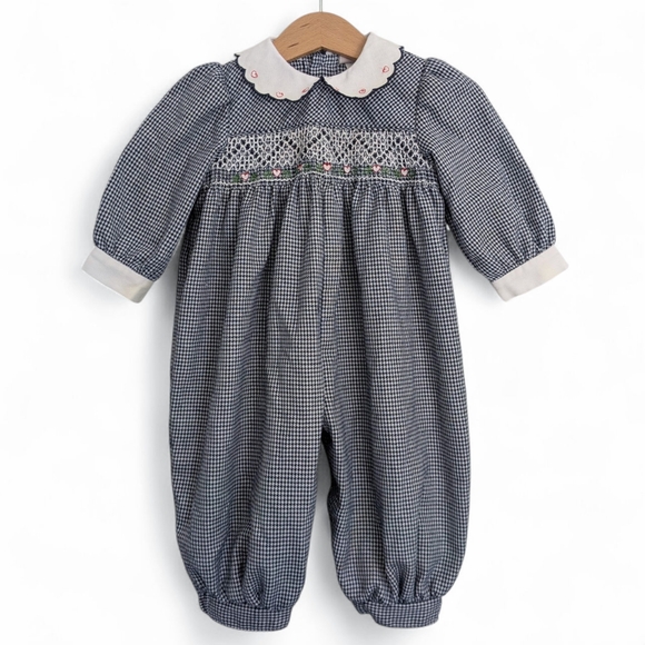 Vintage BT Kids Smocked Houndstooth Flannel Bubble Romper Peter Pan Collar 6-9M - Picture 1 of 9
